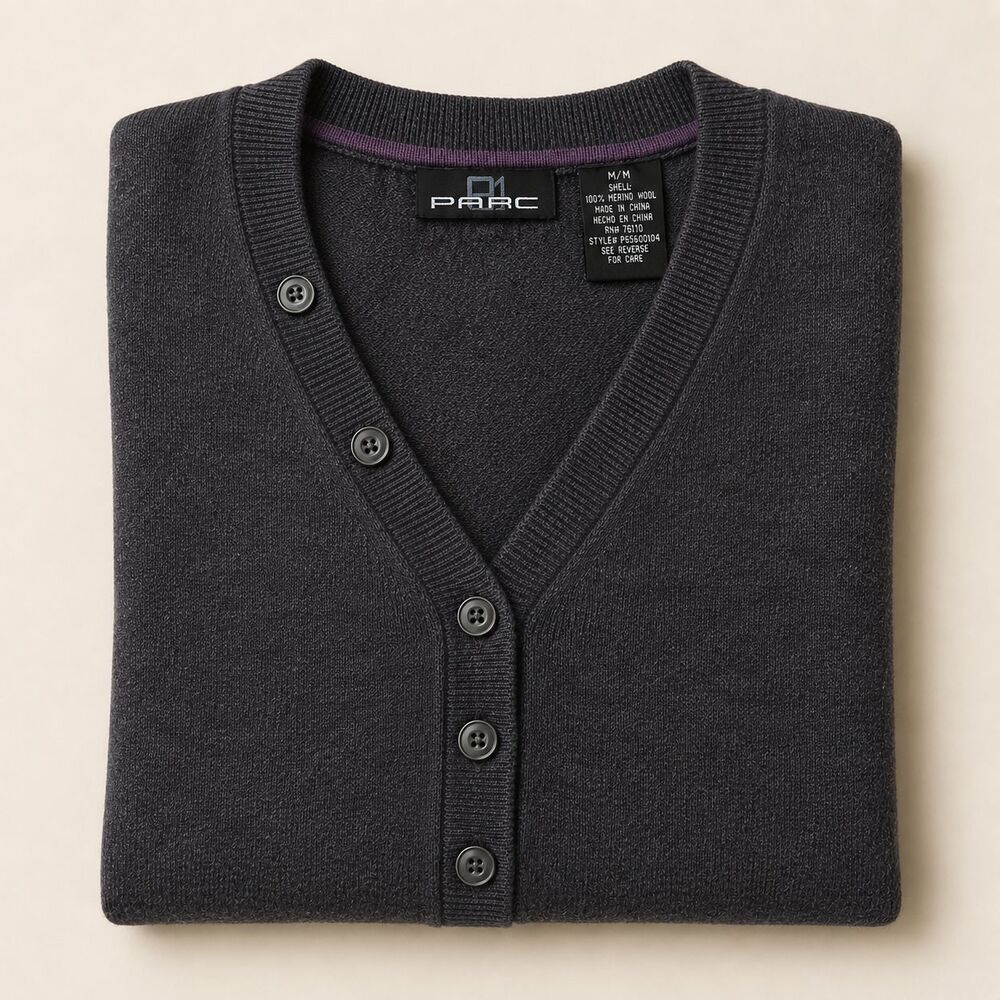 100% Merino Wool Cardigan Mens M Charcoal Gray Button V Neck Preppy PARC P51